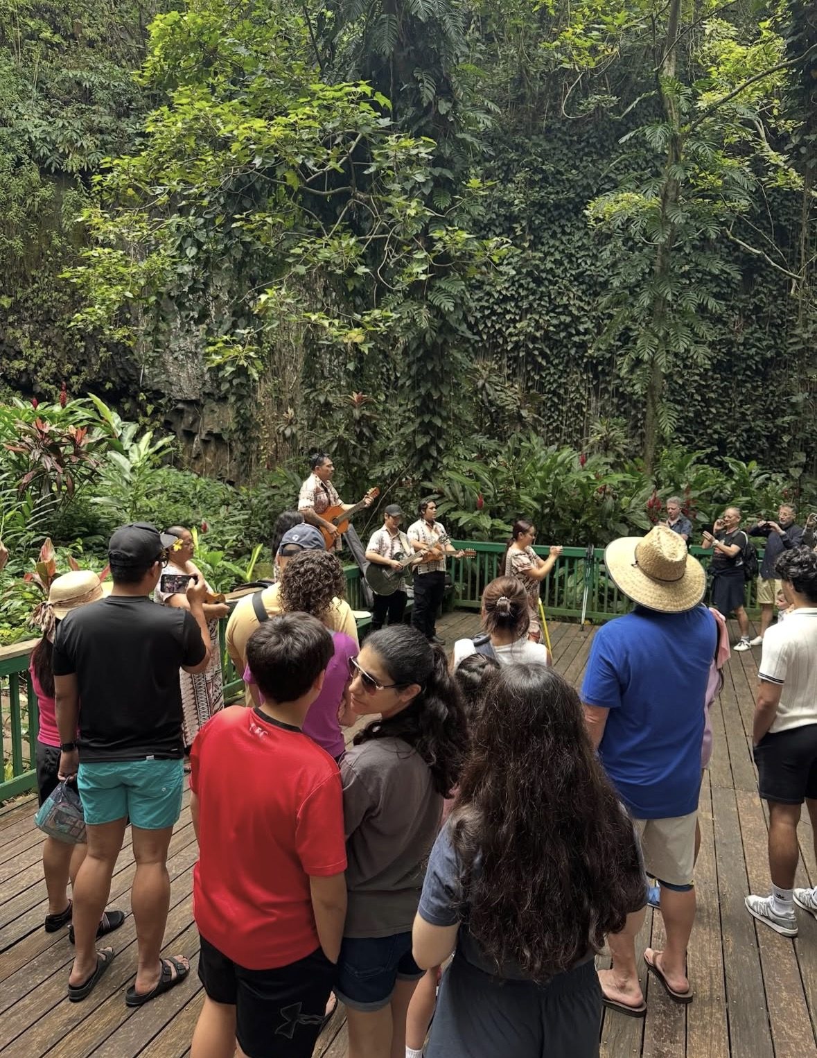 Hula dancer performing traditional Hawaiian dance at the Fern Grotto amphitheater, Kauai